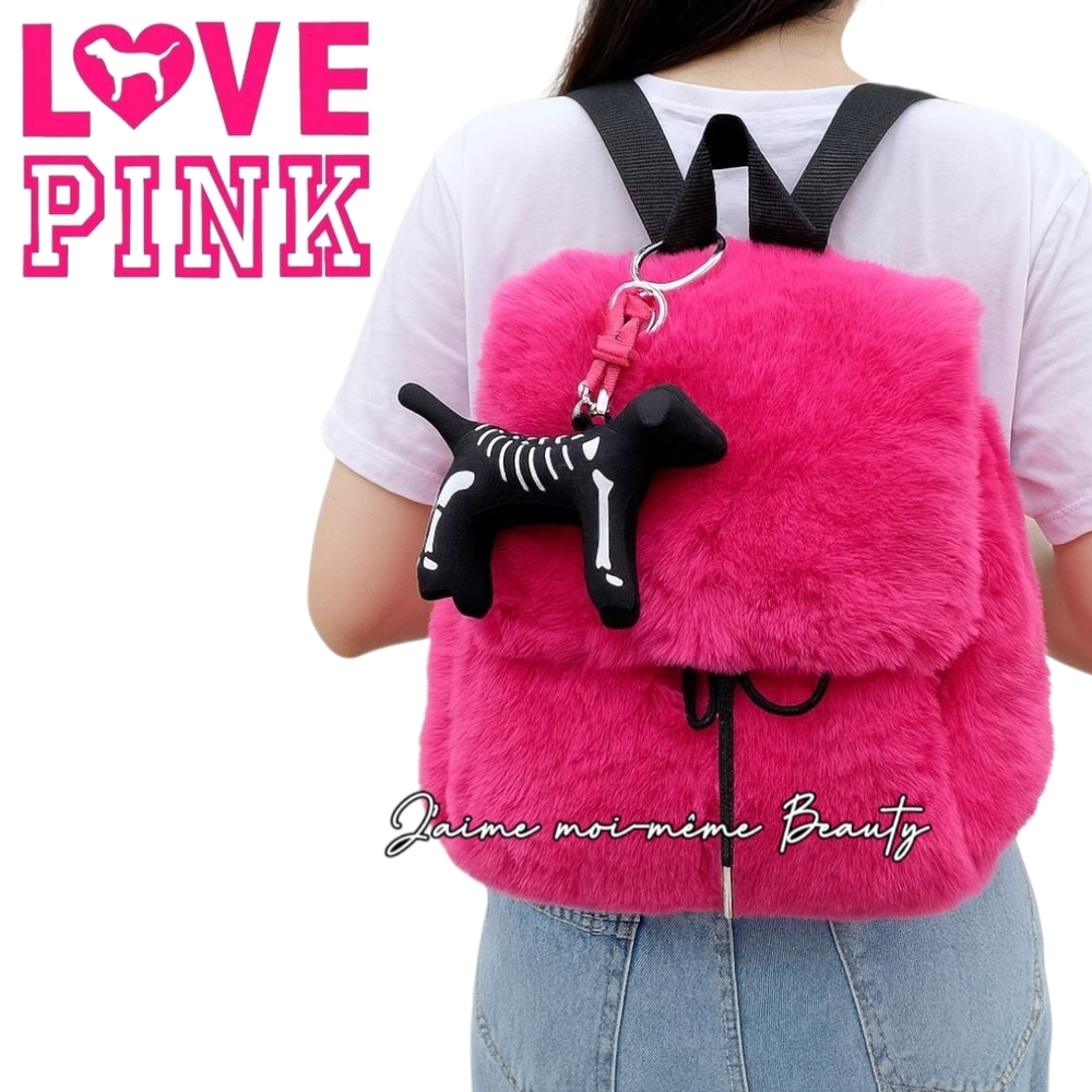 PINK By Victoria Secrets Skeleton Puppy Bag Charm & Fluffy Hot Pink Backpack